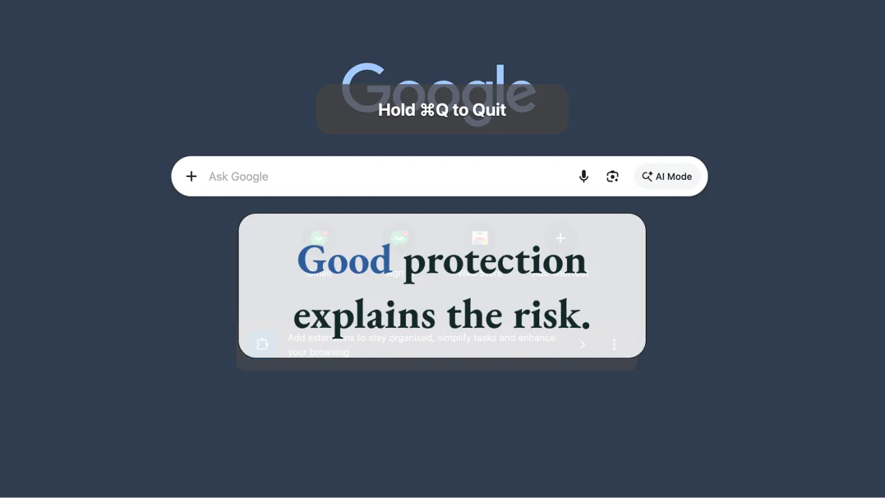 Original Chrome screenshot with the words Good protection explains the risk.