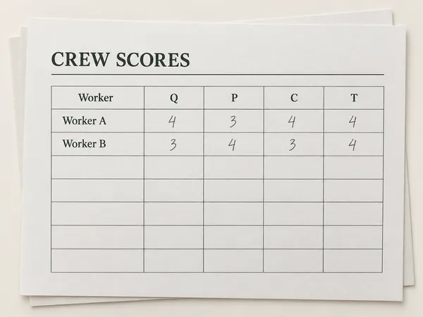 Illustrative crew score sheet with anonymous workers and four scoring categories.
