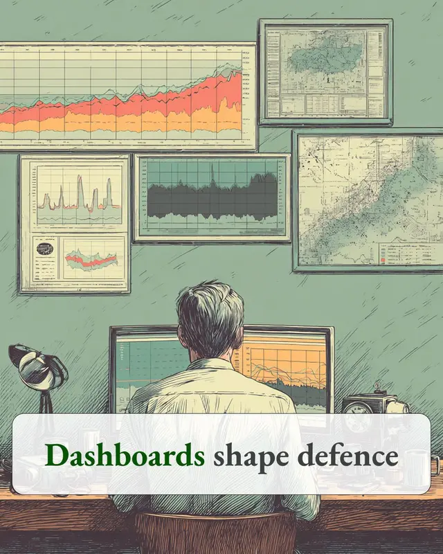 A person facing a wall of performance charts, captioned “Dashboards shape defence”.
