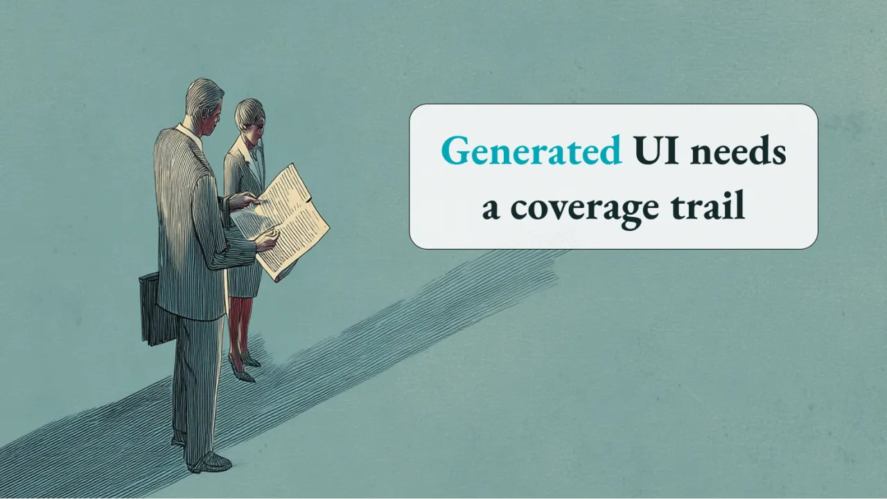 Original illustration of a figure carrying papers, with the words Generated UI needs a coverage trail.