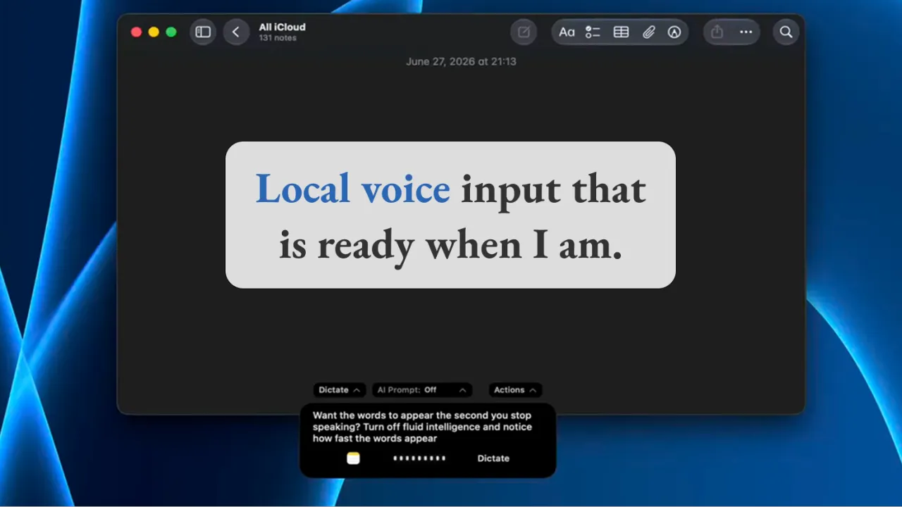 Original FluidVoice screenshot with the words Local voice input that is ready when I am.